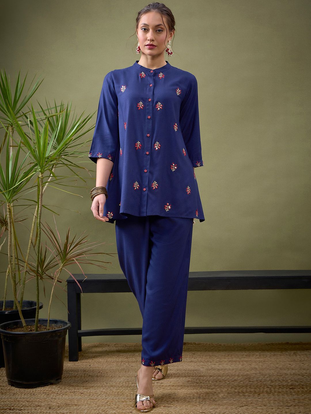 3f5e26d5-14a6-41d5-9c89-2d7131012b1b1708684394471Co-Ords1.jpg Blue Embroidered Shirt With Palazzos Co-Ords - Image 1