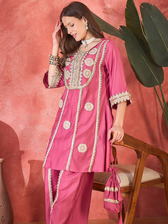 #7 Women Floral Embroidered & Sequined A-Line Kurta With Palazzos & Bag - Image 1