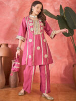 Women Floral Embroidered & Sequined A-Line Kurta With Palazzos & Bag - Image 2