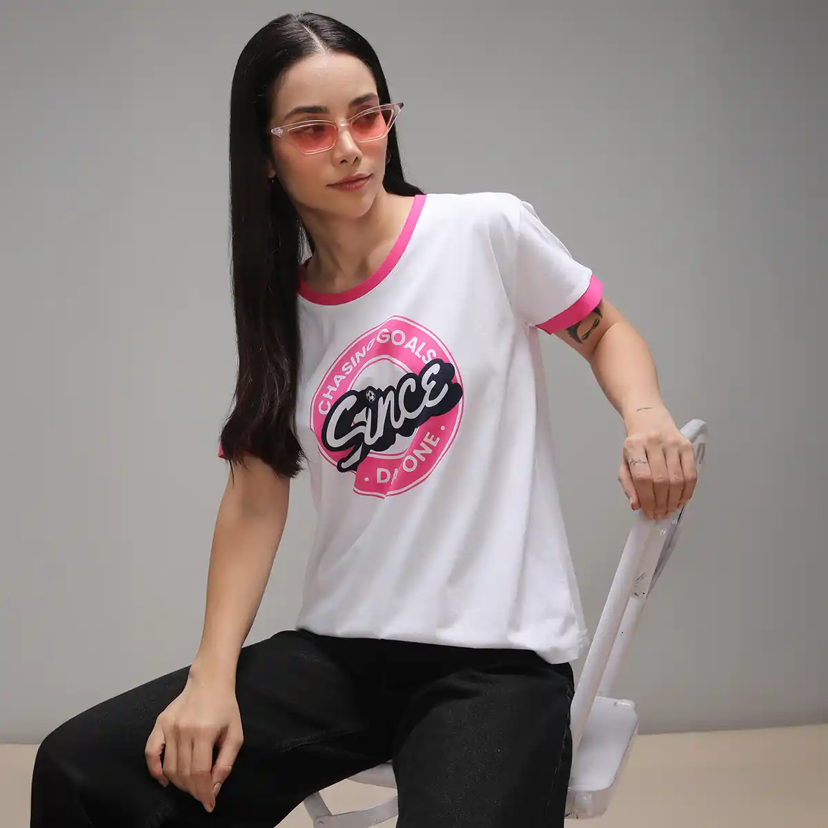 Dillinger-Women-s-Short-Sleeve-Boxy-Regular-Printed-T-shirt-White-L.webp Women's Round Neck Printed T shirt - Image 1