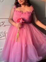 Women Shoulder Straps Tulle Fit and Flare Dress - Image 2