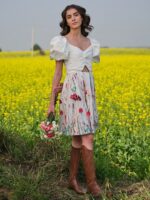 Women Floral Printed Puff Sleeve Cut-Outs Fit & Flare Dress - Image 3
