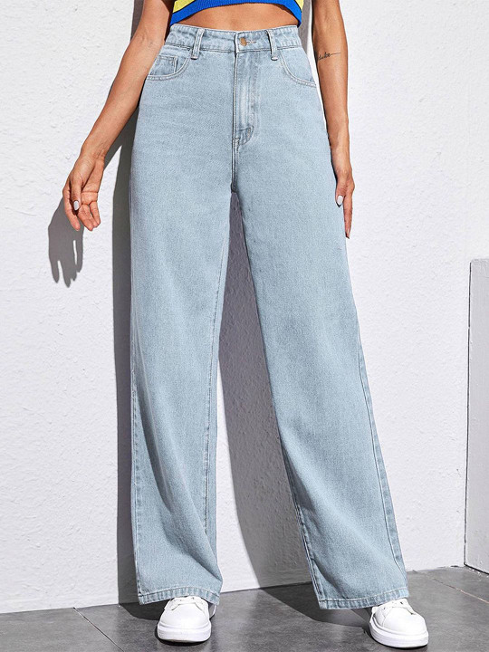 j#1 WOMEN WIDE LEG JEANS BY SKG | LATEST HIGH WAIST STRAIGHT FIT DENIM | NON-STRETCHABLE FLARED FULL LENGTH HIGH RISE | STRAIGHT WIDE LEG | CARGO WIDE LEG | High-Waist Denim Straight | Straight Leg | PETITE Solid Straight | BLACK | WHITE | BROWN STRAIGHT JEANS | CREAM | CHARCOAL | ICE BLUE | MIDBLUE - Image 1