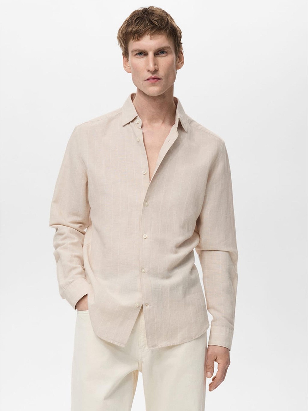 mws5YPb1_3cc22590868846699a9959585a38adde.jpg Linen Cotton Striped Cream Shirt - Image 1