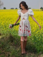 Women Floral Printed Puff Sleeve Cut-Outs Fit & Flare Dress