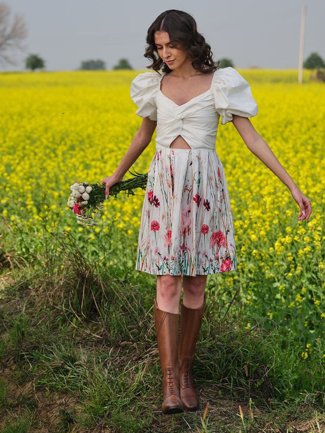 peDfUjsZ_1c958d8f847a4cf6ad6aeff6f0c0c38e.jpg Women Floral Printed Puff Sleeve Cut-Outs Fit & Flare Dress - Image 1